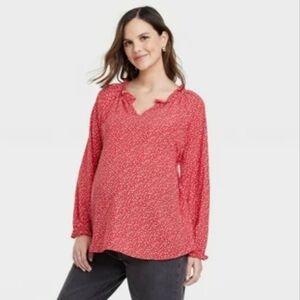 Ingrid & Isabel Maternity Red Floral Pullover Long sleeve Blouse Size M